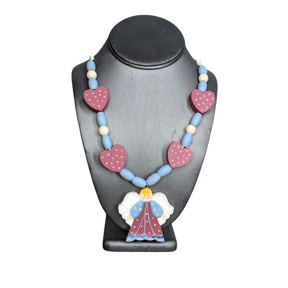 Hand Crafted Jewelry - Vintage Wooden Bead Angel Heart Necklace Religious Teacher Cottage Mauve Blue